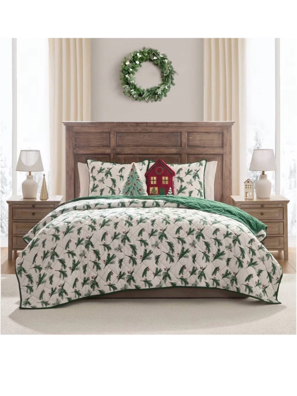 Festive Green and White Pine Branch Reversible Flannel Comforter Set ~ KING - Picture 8 of 8